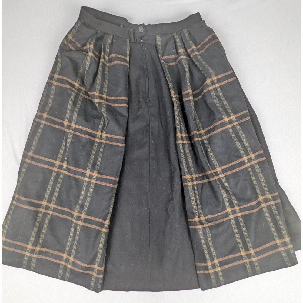 Litza Windowpane Plaid Box Pleated Midi Skirt Black/Brown Dark W Germany 30W Vtg